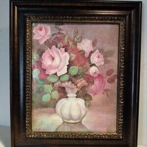 Vintage Lola Ades 'Roses In Opalescent Vase' Oil Painting Print Signed 1971